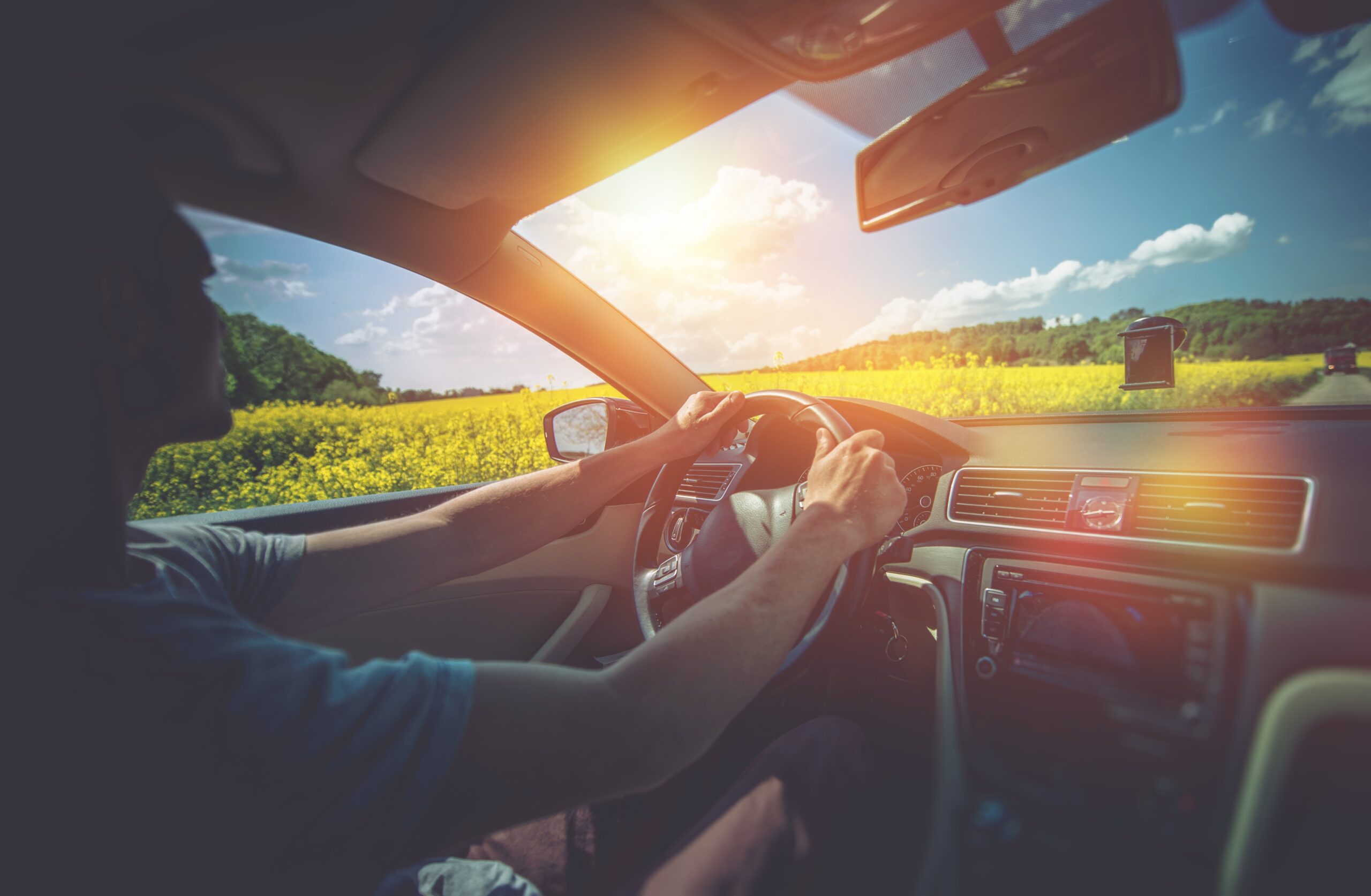 Summer Car Trip. Relaxed Men Driving Between Rapeseed Fields in Sunny Day. Car Driving.